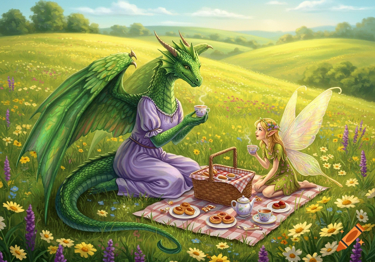 A large green dragon in a purple dress has a picnic with a small fairy ...