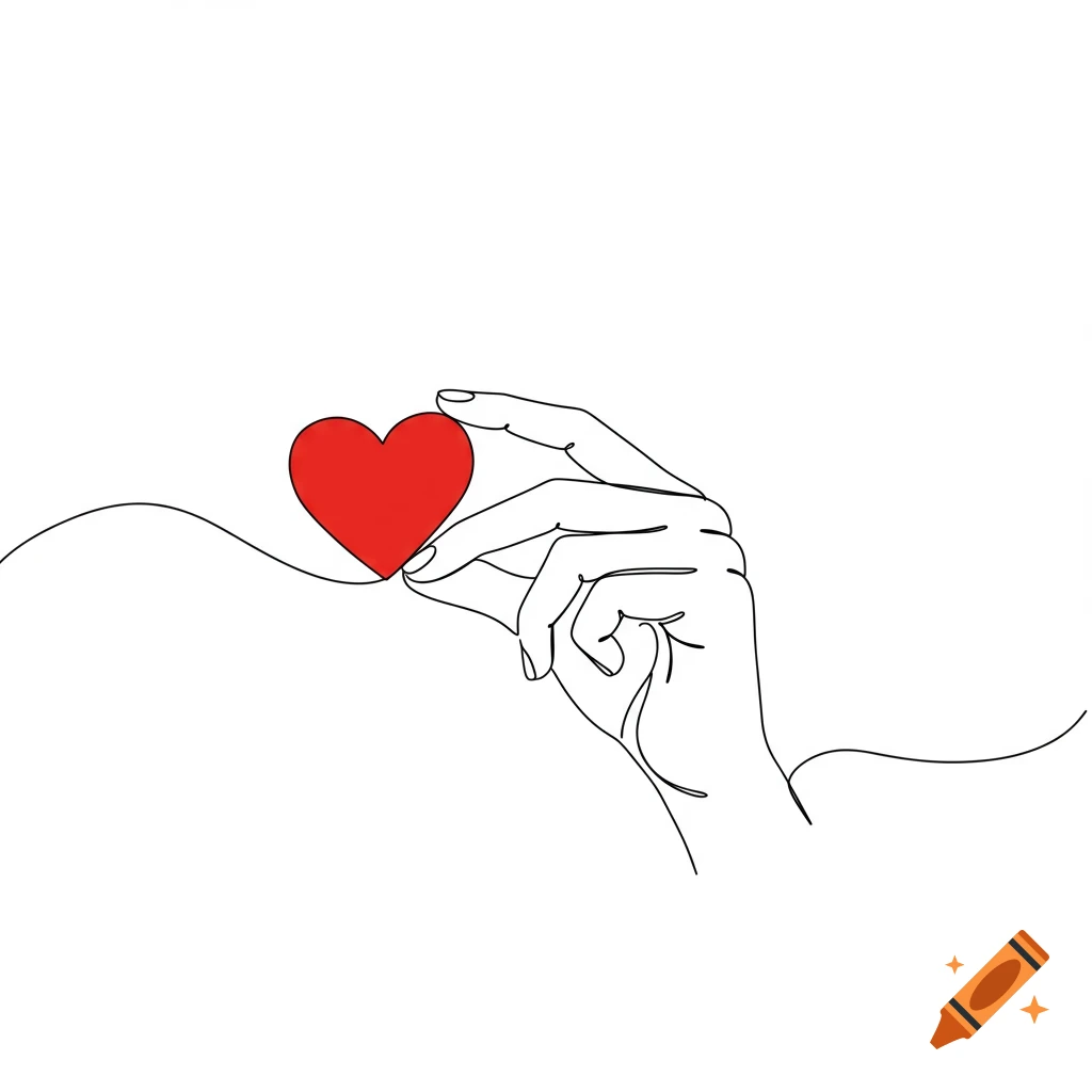 Minimalist continuous line drawing of a hand gently holding a red heart.