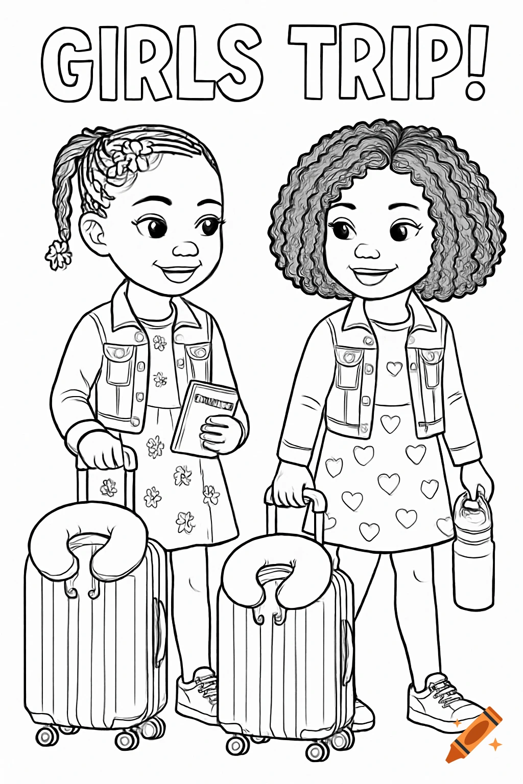 Coloring page of two young girls with luggage ready for a trip.