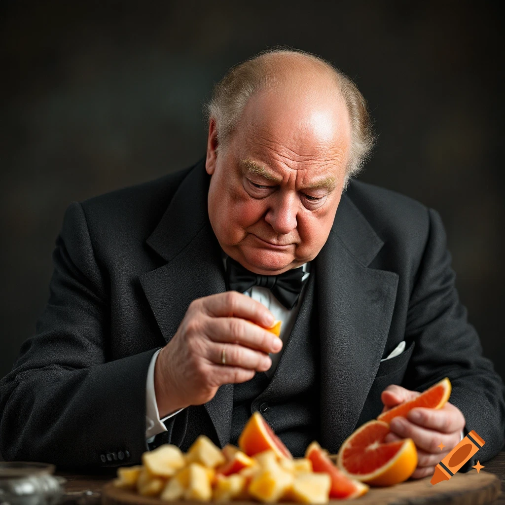 A man resembling Winston Churchill in a tuxedo eats a grapefruit slice from a platter of fruit and cheese. Photorealistic portrait.
