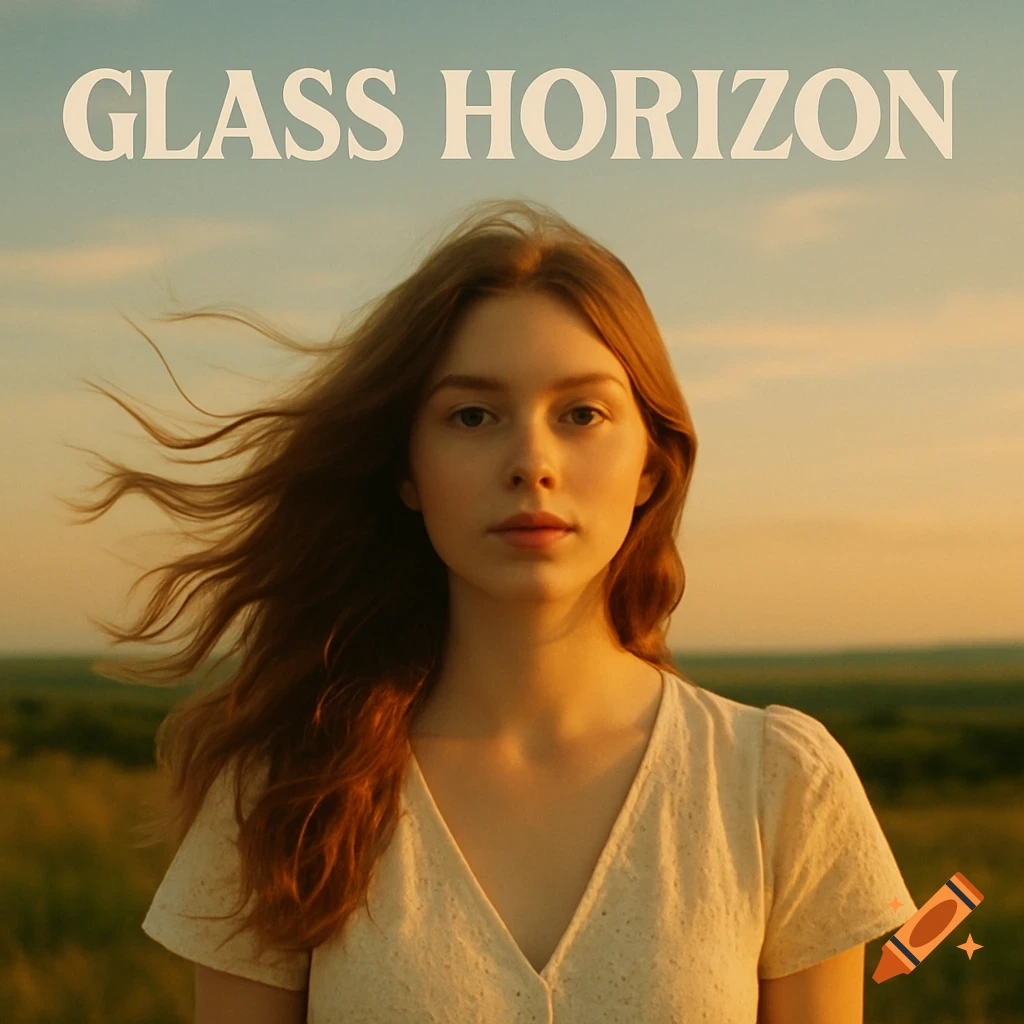 A young woman with hair blowing stands in a field at sunset with 'GLASS HORIZON' text above. Portrait.