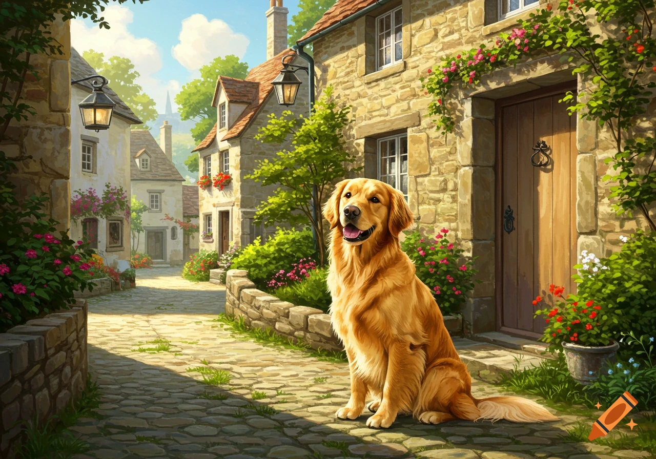 A golden retriever sits on a cobblestone street in a sunny, charming village with stone houses and flowers.