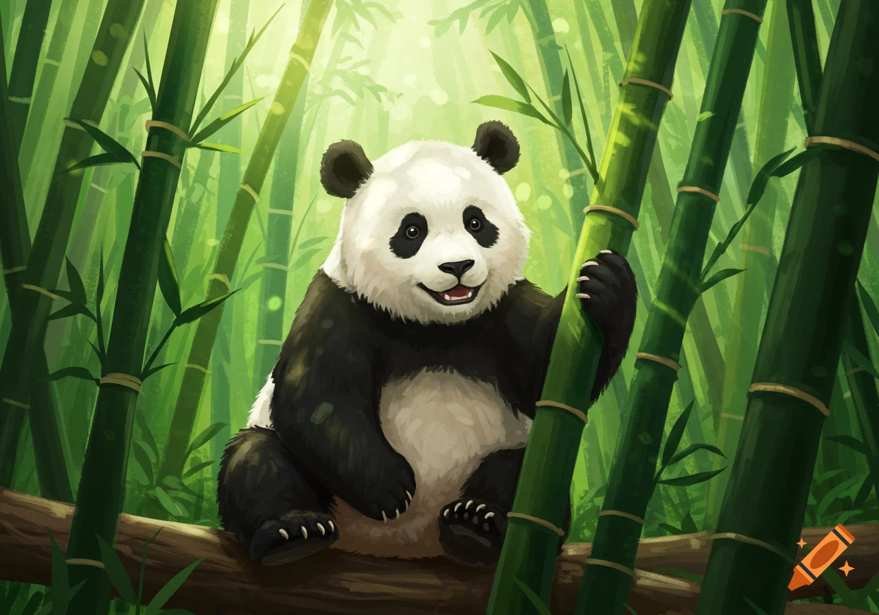 An illustration of a panda sitting on a log in a bamboo forest, holding a bamboo stalk.