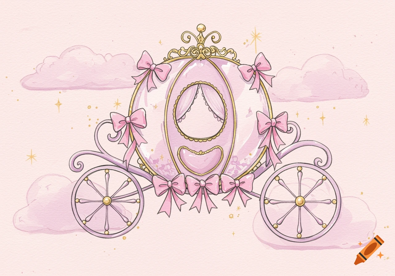 A pink watercolor illustration of a fantasy glass carriage with pink bows and sparkles, against a light pink background with clouds.