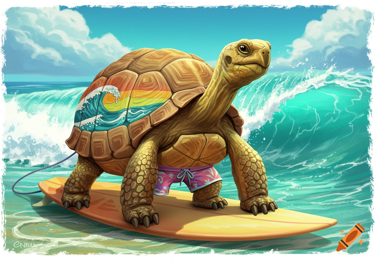 Cartoon illustration of a large turtle wearing shorts and surfing on a surfboard in the ocean.
