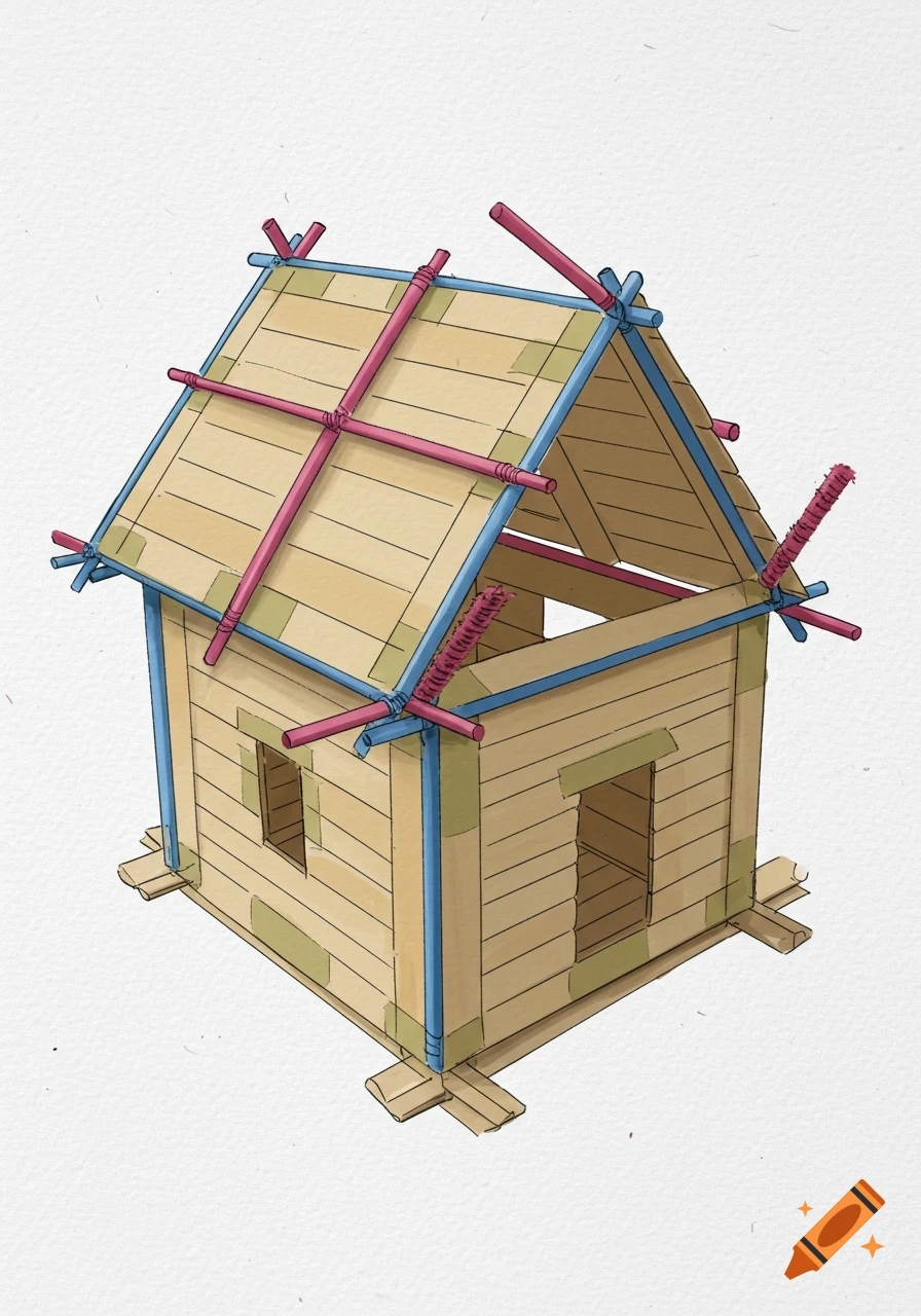 Illustration of a small house model made from craft supplies like popsicle sticks, straws, and tape.