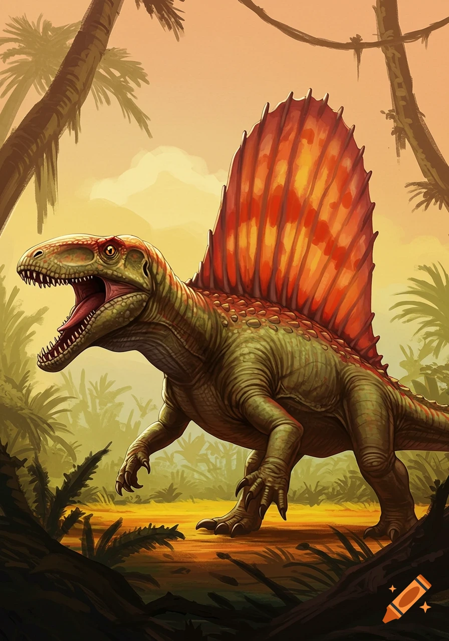 Illustration of a Dimetrodon standing in a prehistoric jungle.