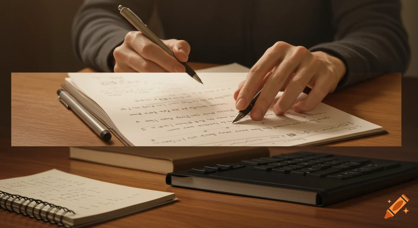Close up of hands writing in a notebook on a wooden desk with pens, a book, and a keyboard.