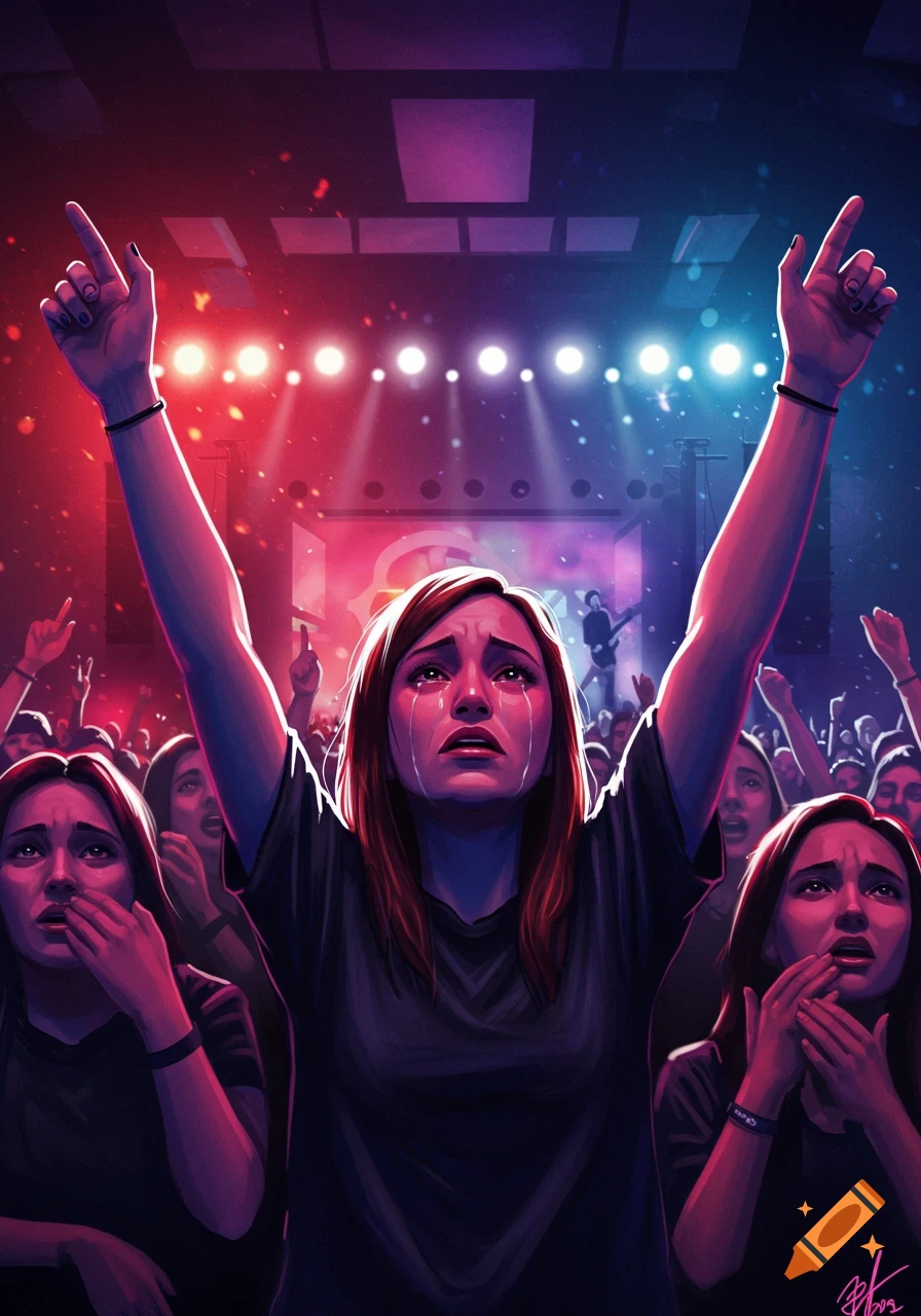 Stylized illustration of a woman crying at a concert with arms raised, surrounded by a crowd and stage lights.