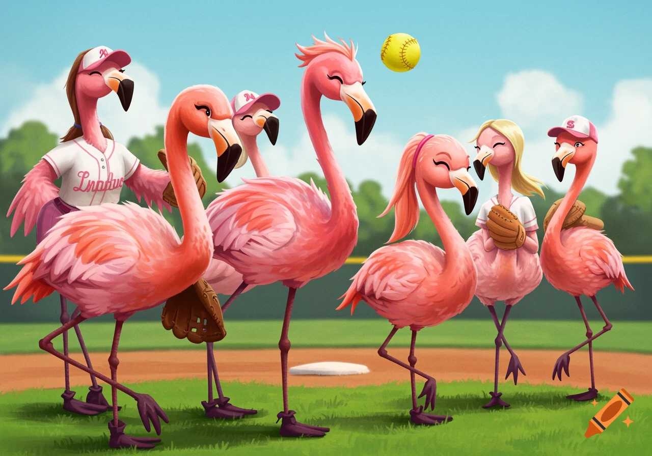 Cartoon flamingos playing softball on a baseball field.