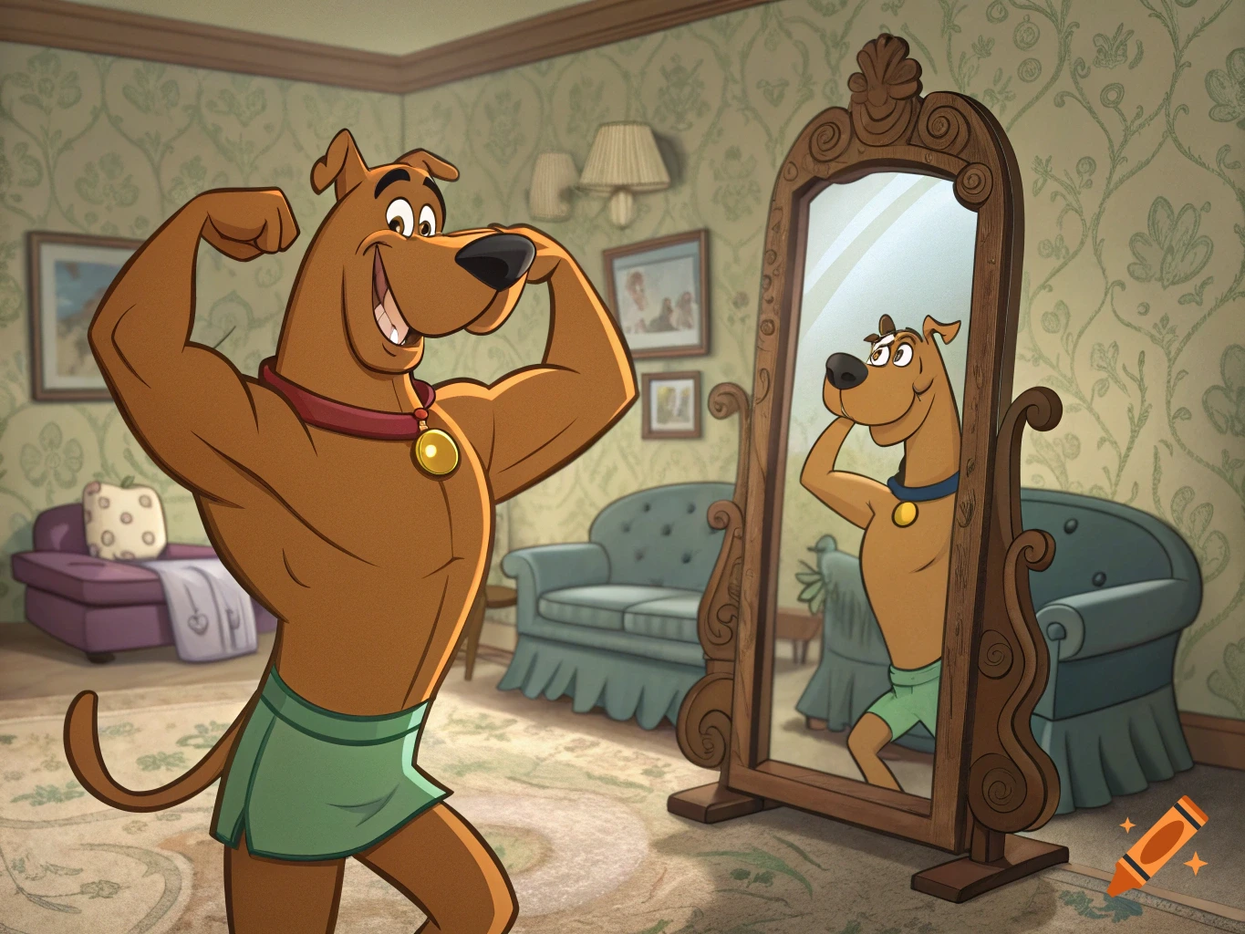 Cartoon of Scooby-Doo flexing his muscles in a mirror