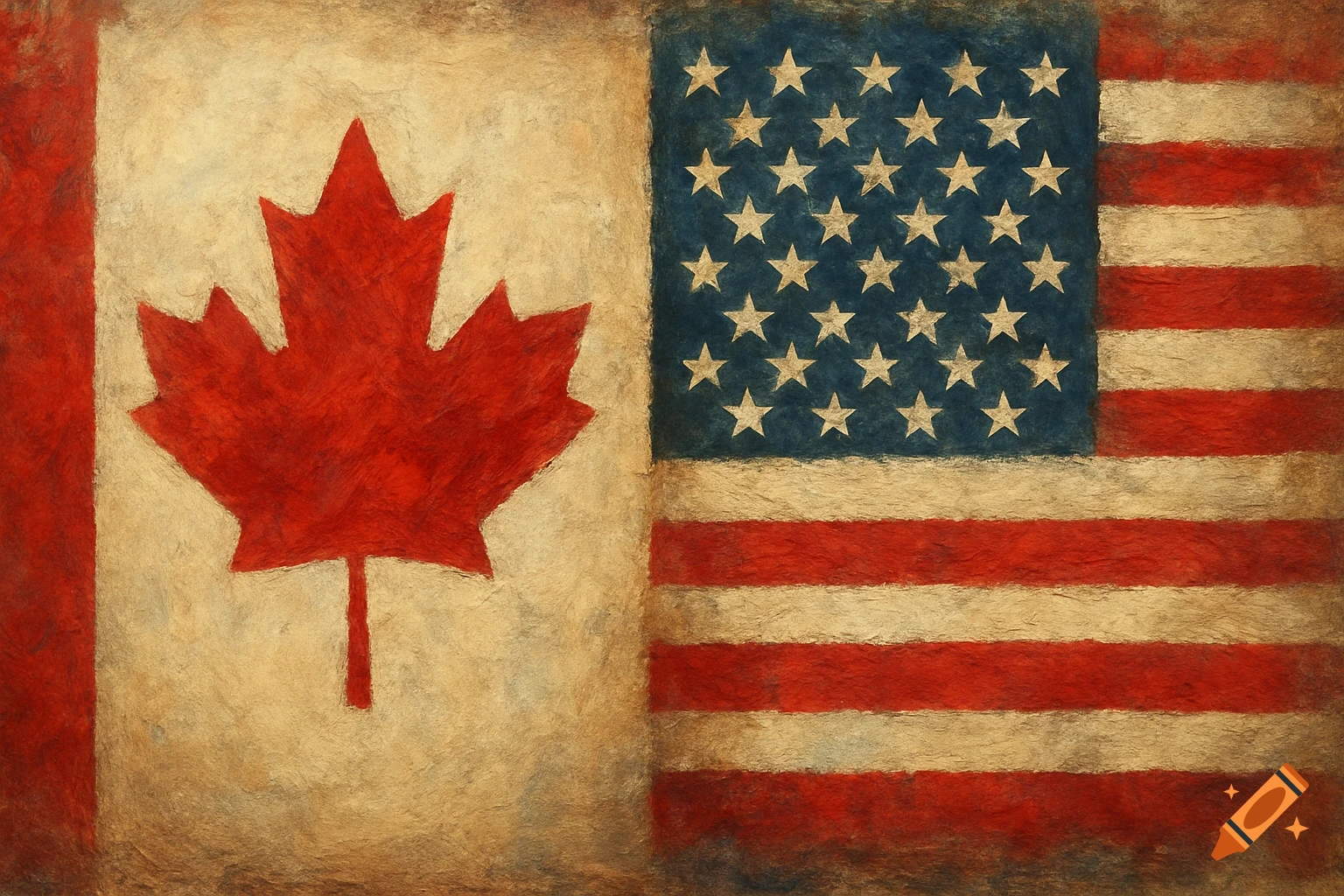 Canadian and US flags side-by-side in a textured painting style