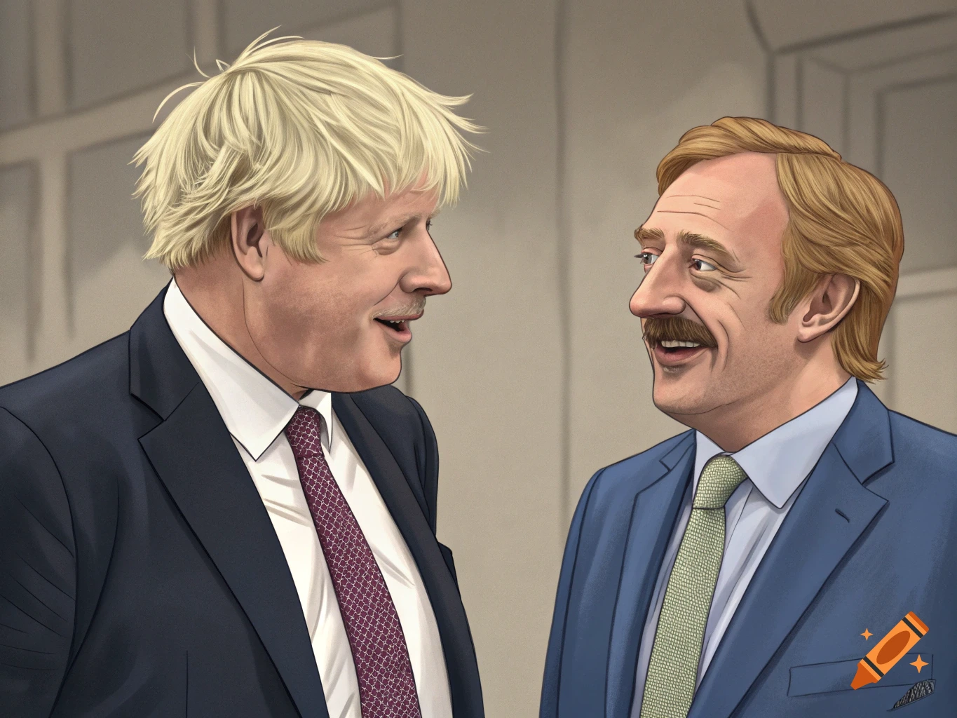 Illustrated portrait of two men resembling Boris Johnson and Danny Dyer, looking at each other and smiling.