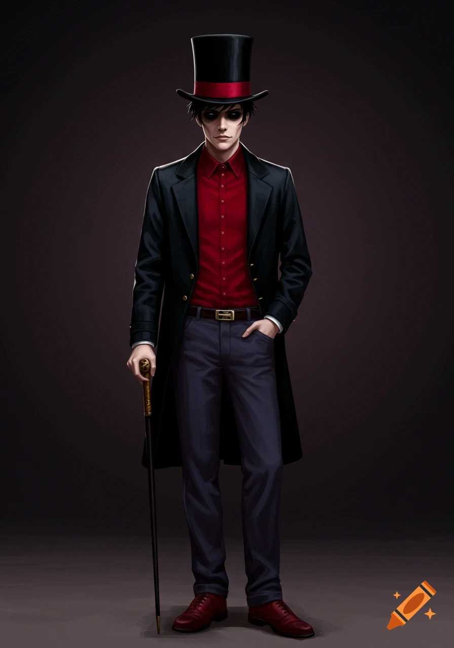 Full body portrait of a person in a black top hat, red shirt, black coat, blue-gray pants, and red shoes, holding a cane.
