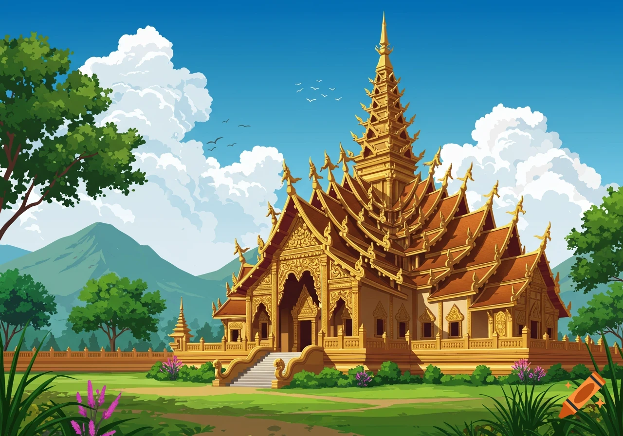 A golden palace with intricate details set in a lush landscape with mountains and trees.