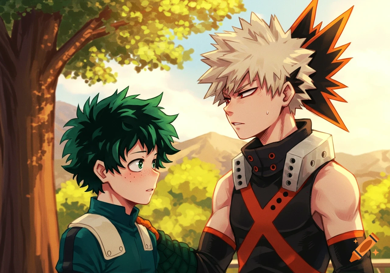 Anime art of Izuku Midoriya and Katsuki Bakugo from My Hero Academia standing outside.