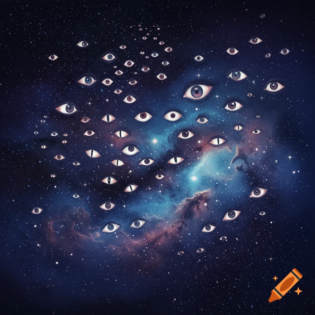 Many eyes float among stars and nebulae.