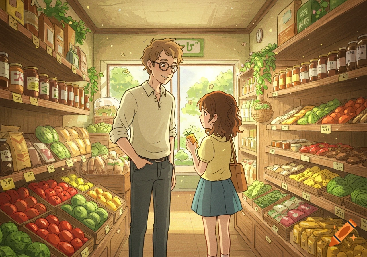 Studio Ghibli style illustration of two people in a sunlit grocery store filled with produce.