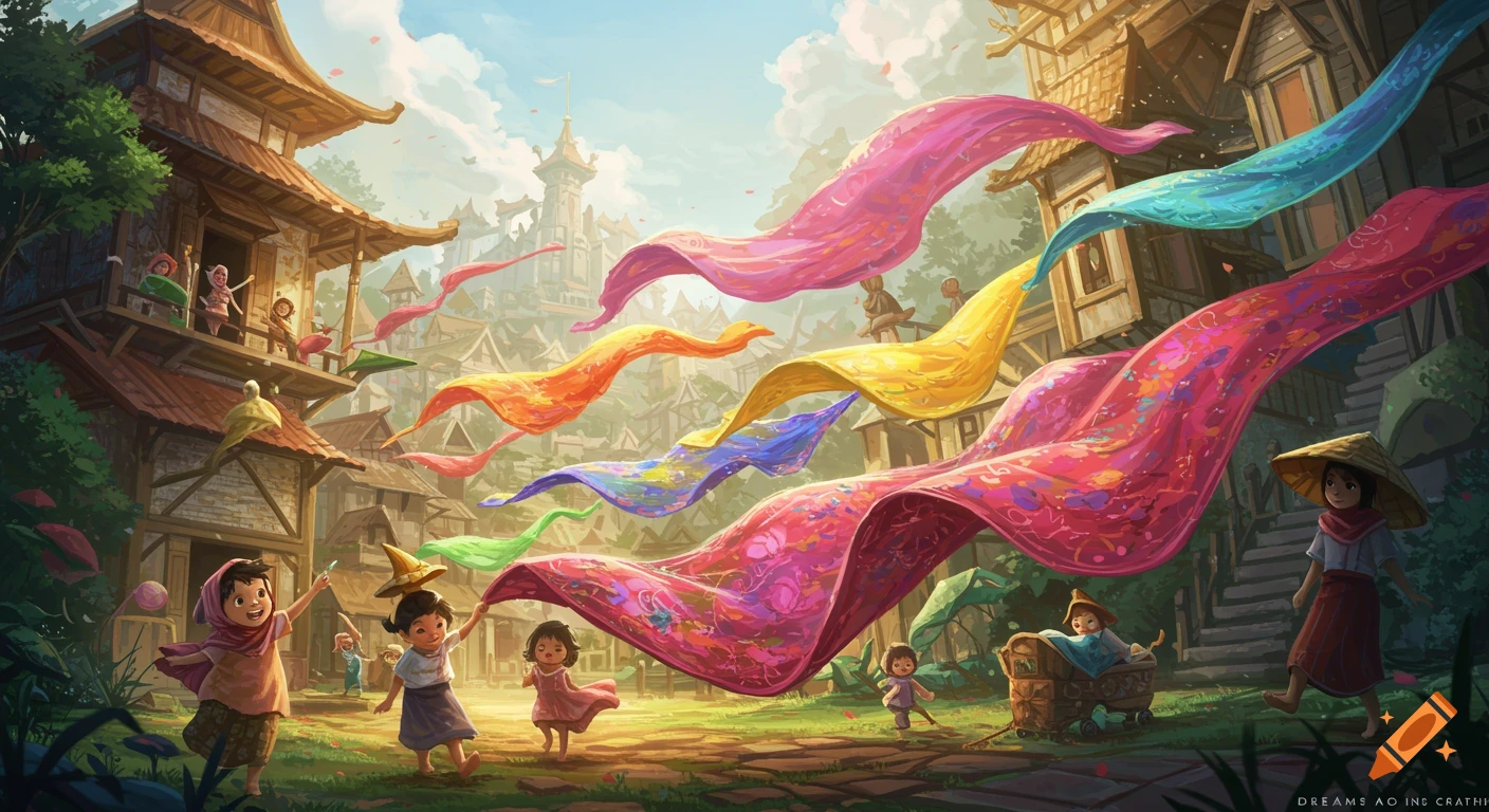 A fantasy village scene with children playing among large, floating colorful fabrics.