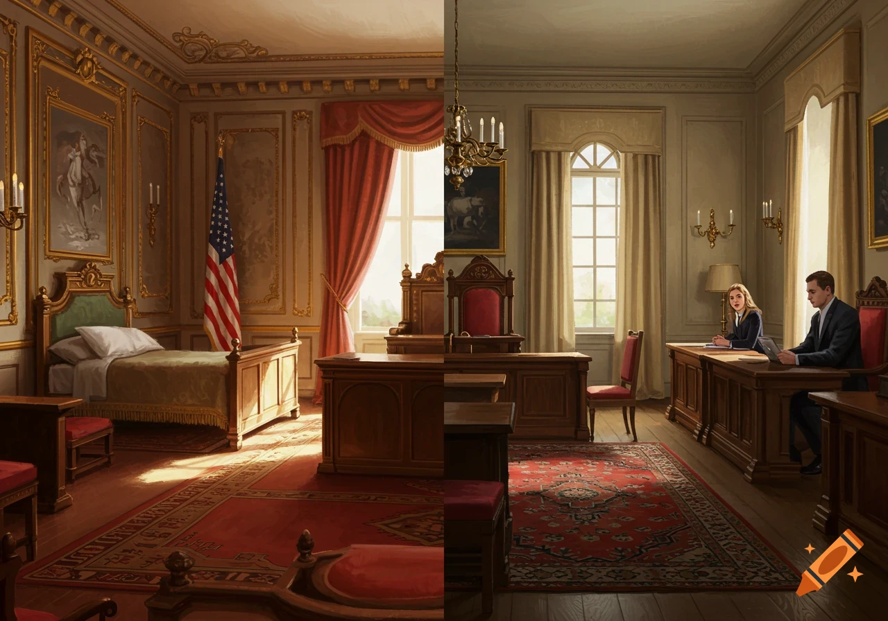Split image showing a luxurious bedroom on the left and a courtroom on the right.