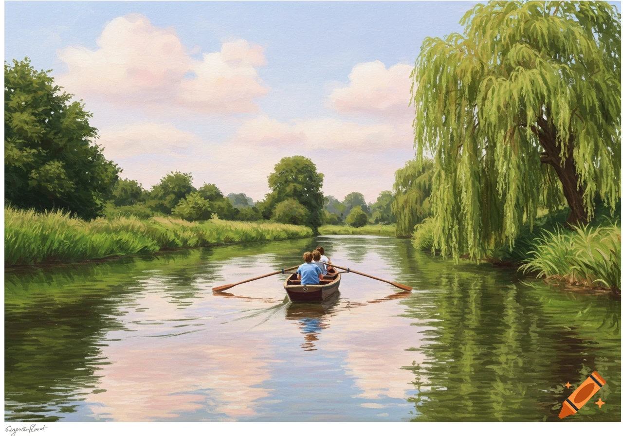 Painting of a rowing boat with people on a serene river, surrounded by trees under a cloudy sky.