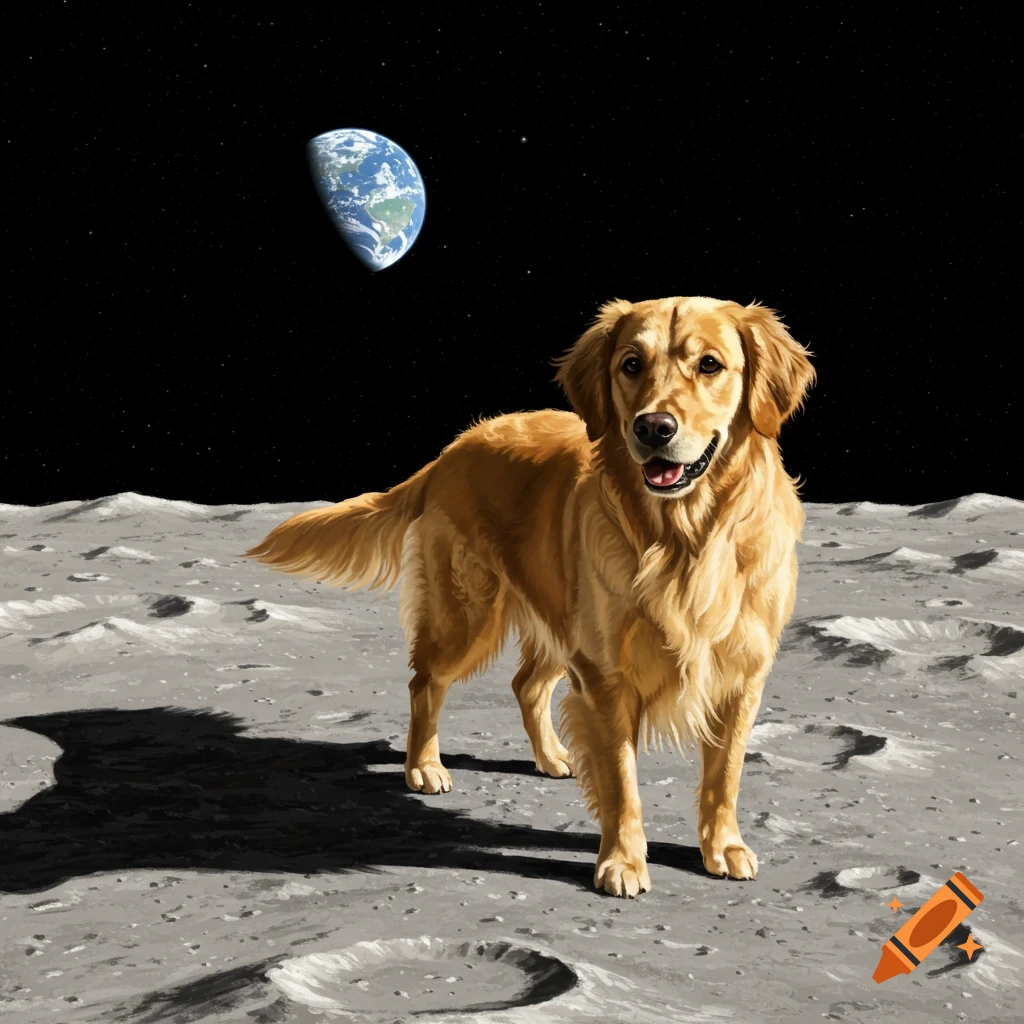 A golden retriever dog stands on the surface of the moon with the Earth visible in the background.