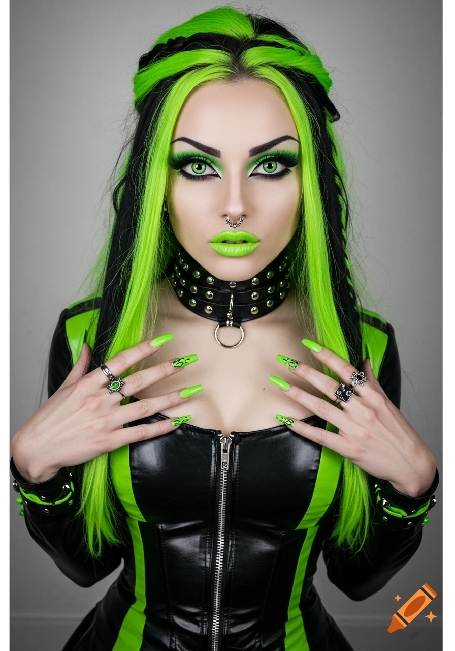 Portrait of a woman with black and neon green hair, makeup, and gothic fashion.