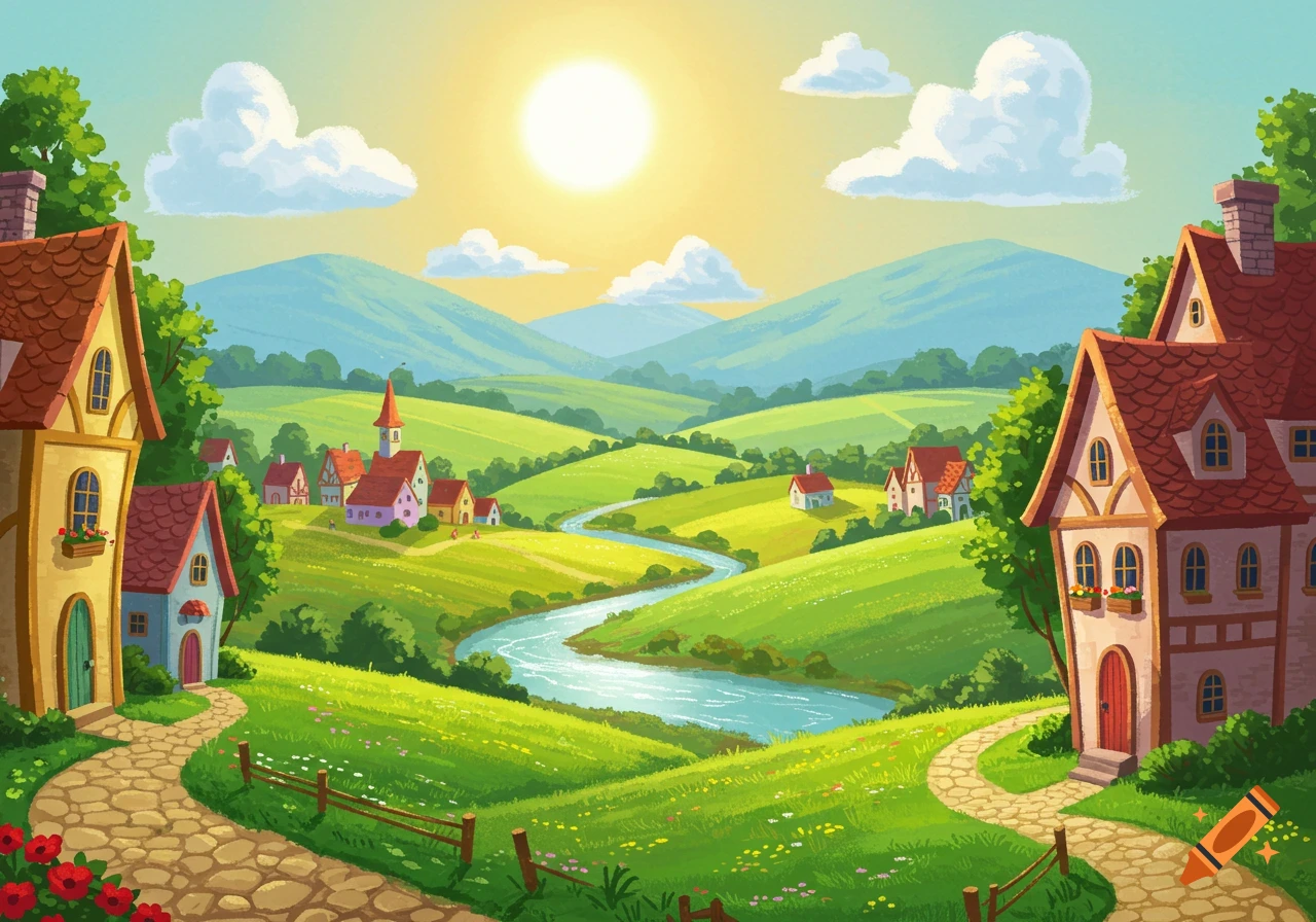 A sunny illustration of a village nestled in rolling green hills with a winding river.