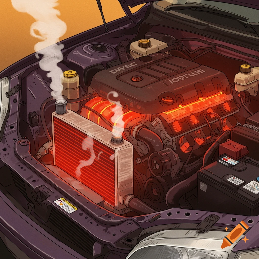 Illustrated view of an overheating car engine with steam and glowing ...