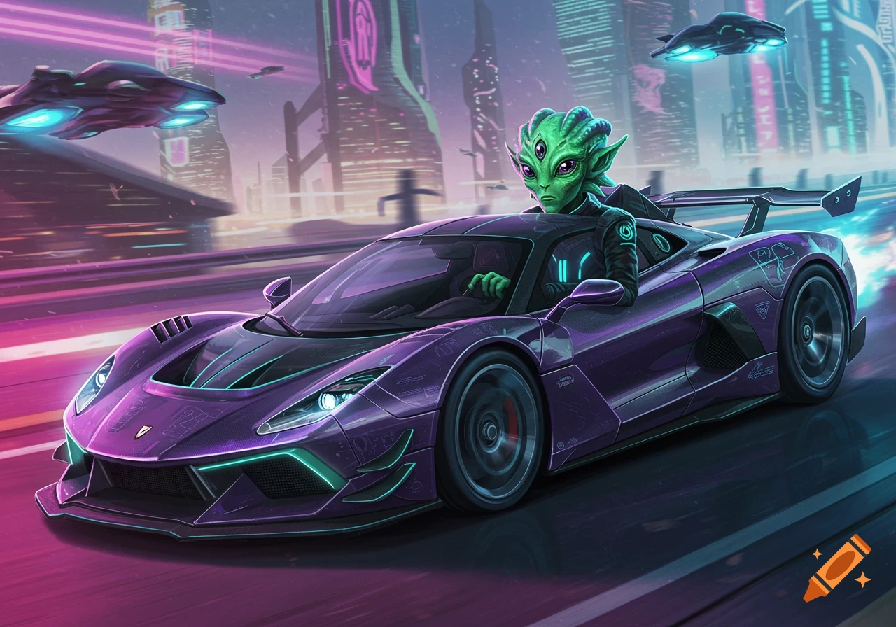 Green alien drives a purple futuristic sports car through a neon-lit cyberpunk city.