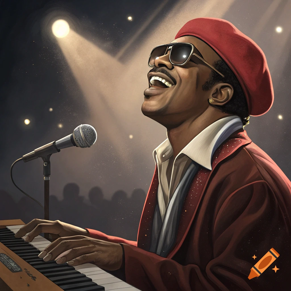 Illustration of Stevie Wonder playing piano on stage, singing into a microphone with stage lights above.
