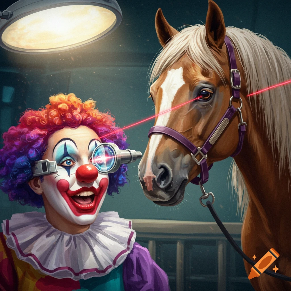 A clown performs laser eye surgery on a horse.