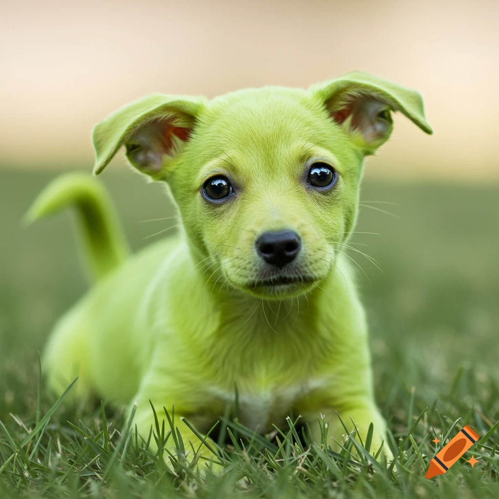 A green puppy lies in the grass.