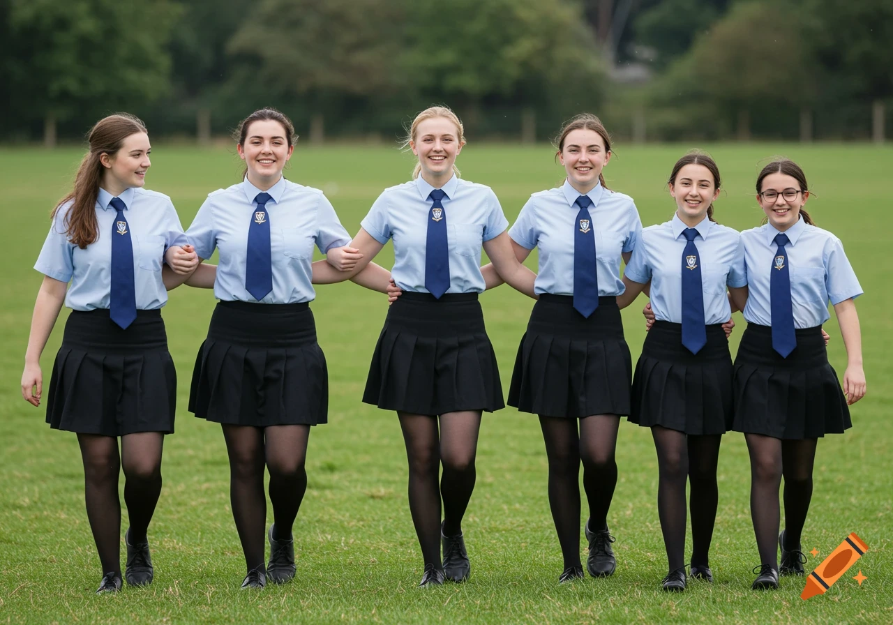 Six girls in school uniform linking arms in a field.