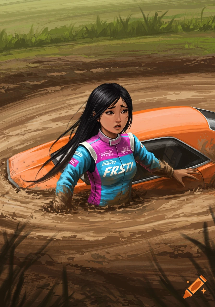 Illustration of a female race car driver and her orange car stuck deep in brown mud.