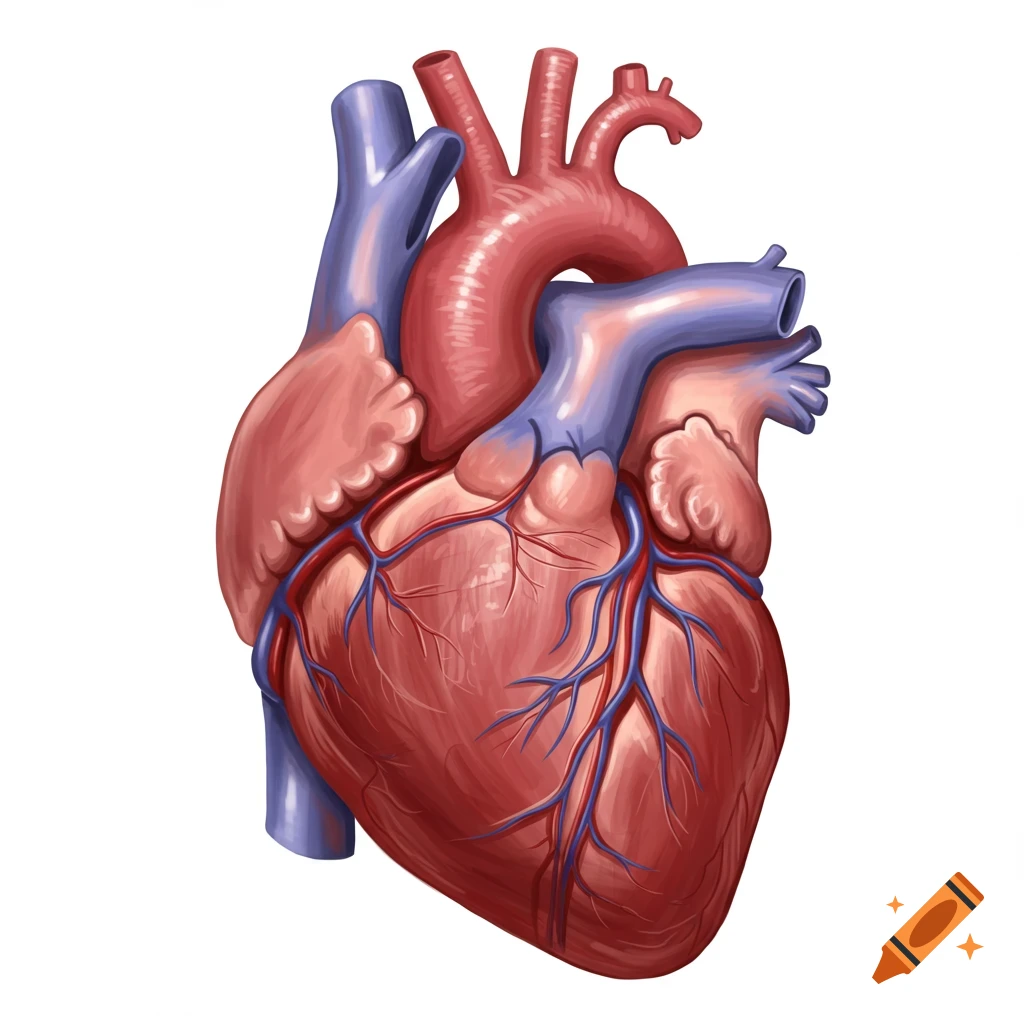 Detailed illustration of a human heart showing veins and arteries on a white background.