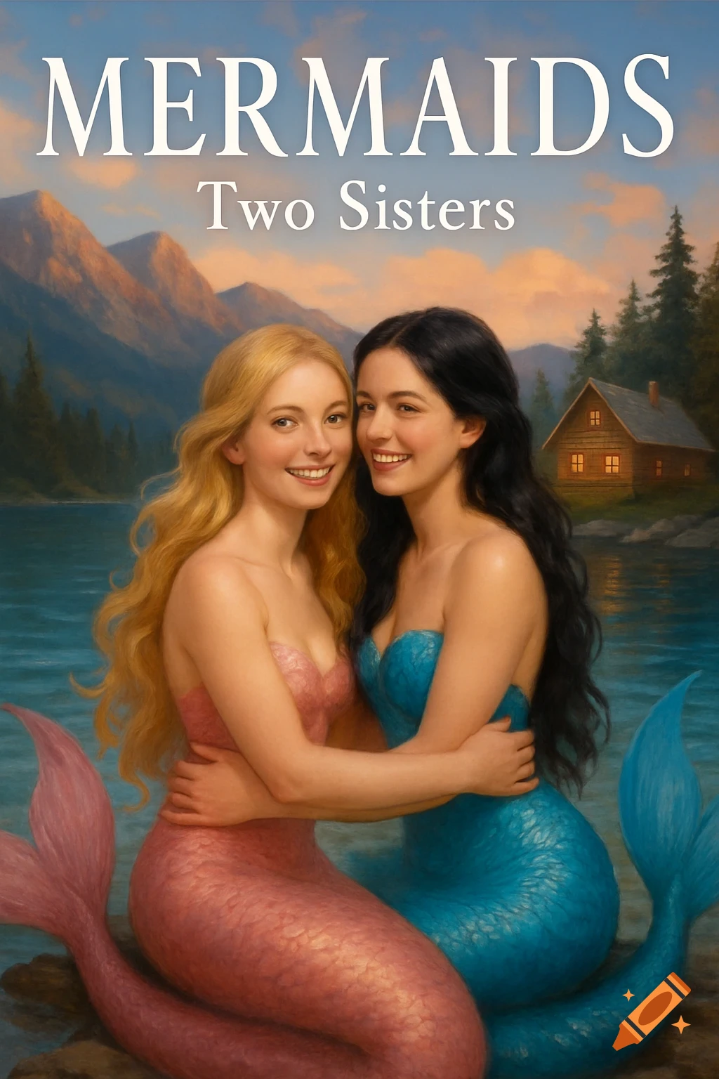 Two mermaids in pink and blue tails hug by a lakeside mountain cabin with text 'MERMAIDS Two Sisters'.