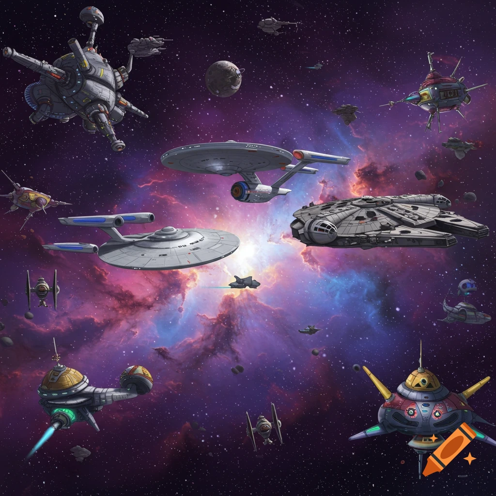 Various iconic spaceships from different sci-fi franchises flying through a colorful nebula in space.