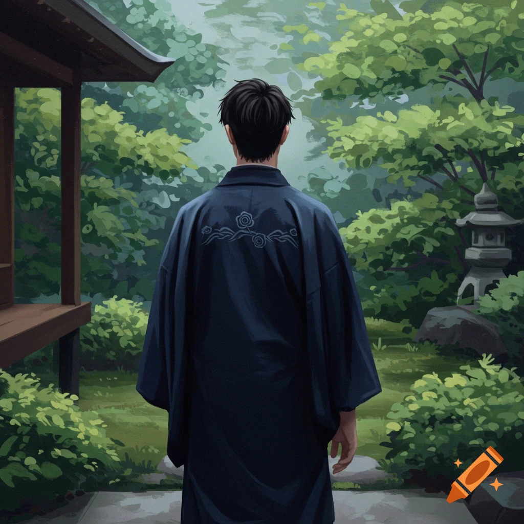 A person in a dark blue kimono is viewed from behind, looking out at a serene Japanese garden.