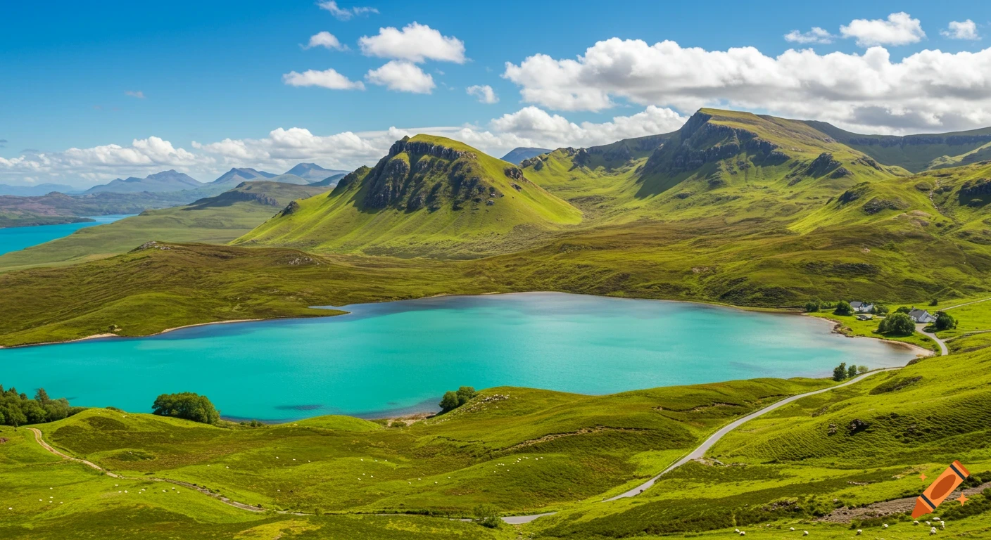 A bright blue loch surrounded by green hills and mountains under a blue sky with clouds.