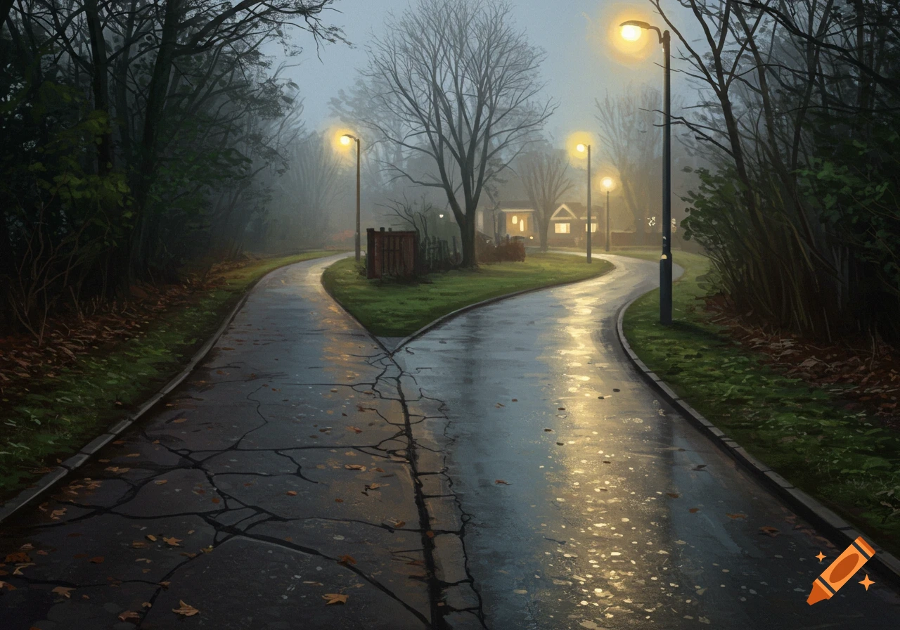 Painting of a forked suburban path after rain, one side cracked and dark, the other smooth and bright.