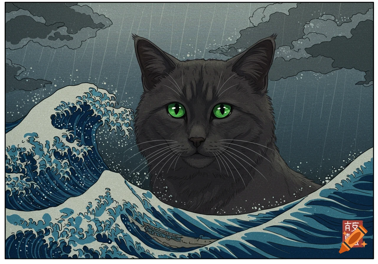 A dark gray cat's face is prominent over a stormy sea with large, stylized waves, in the style of Hokusai.