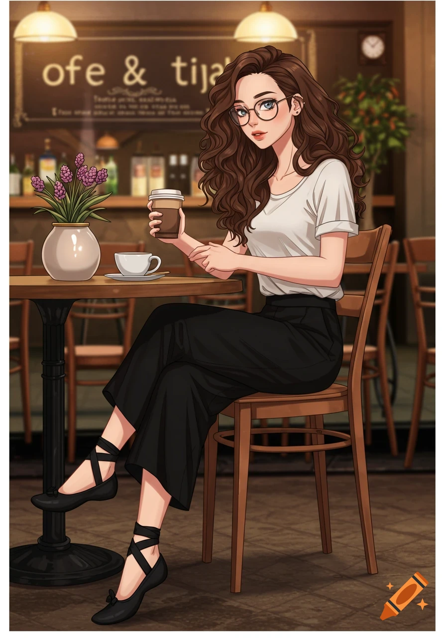 A young woman with curly brown hair and glasses sits at a cafe table with a coffee cup in anime style.