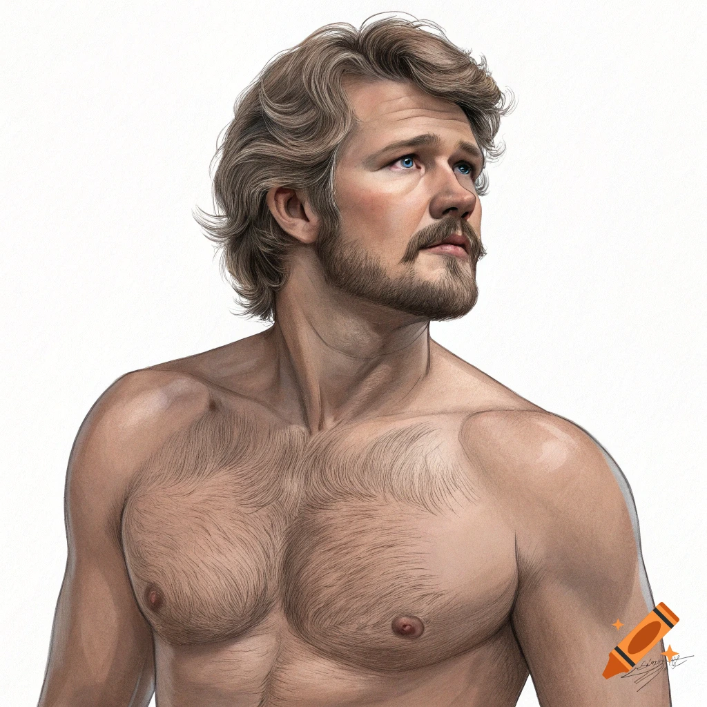Realistic drawing of a shirtless man with blonde hair and beard looking up.