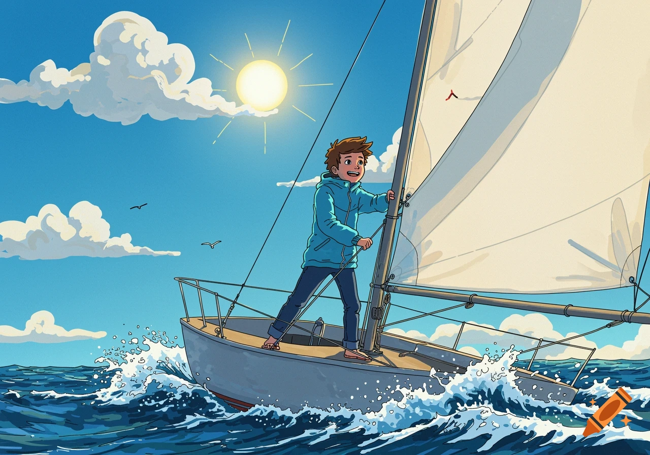 A cheerful boy steers a sailboat through waves on a sunny day. Illustrated style.