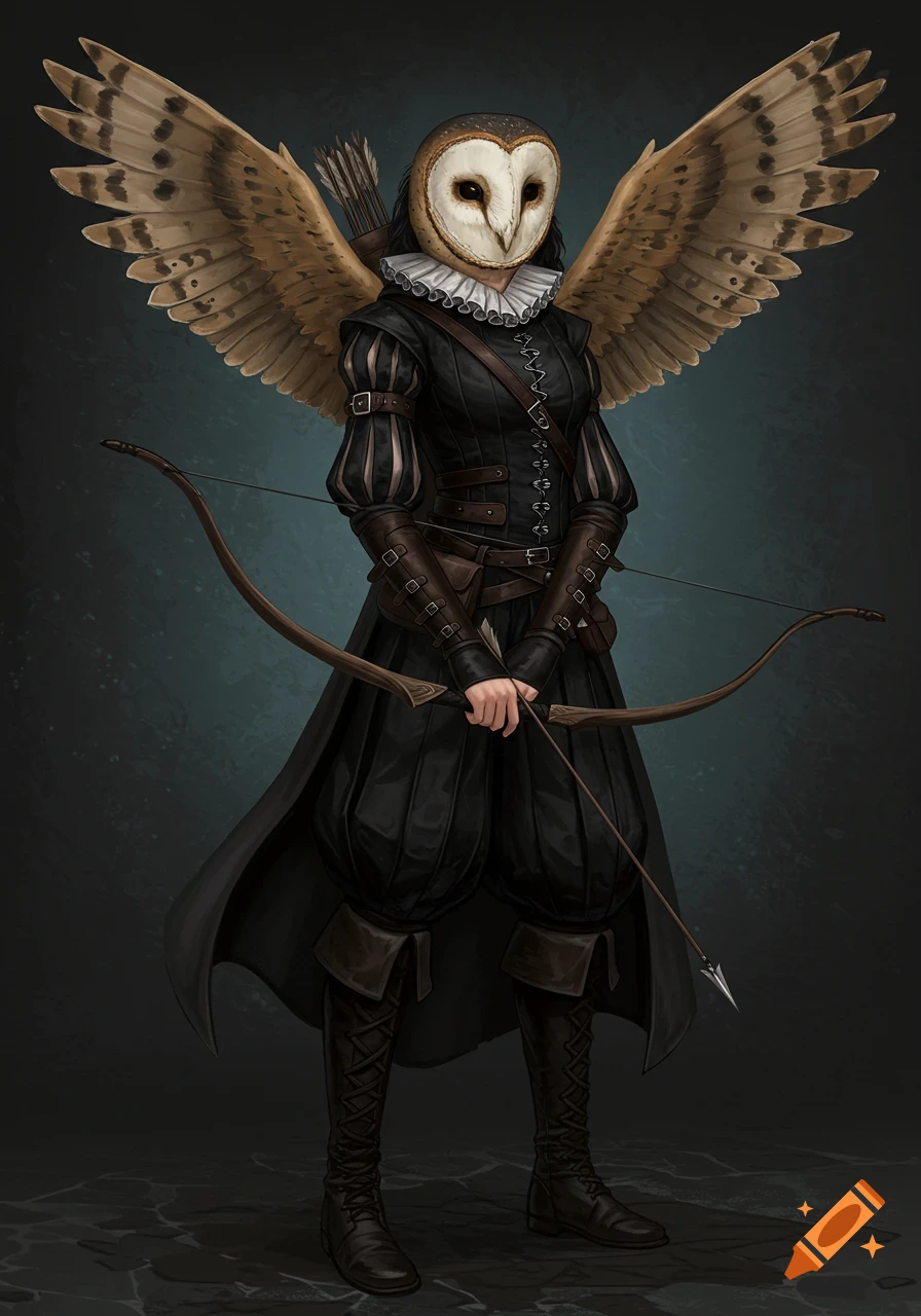 A fantasy character in a black renaissance dress wearing a barn owl mask and wings, holding a bow and arrow.