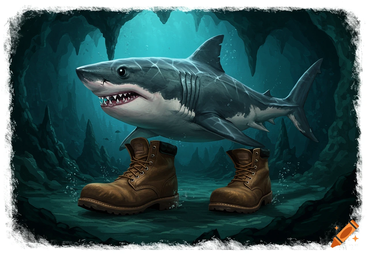 Illustration of a shark swimming above two work boots on the floor of an underwater cave.