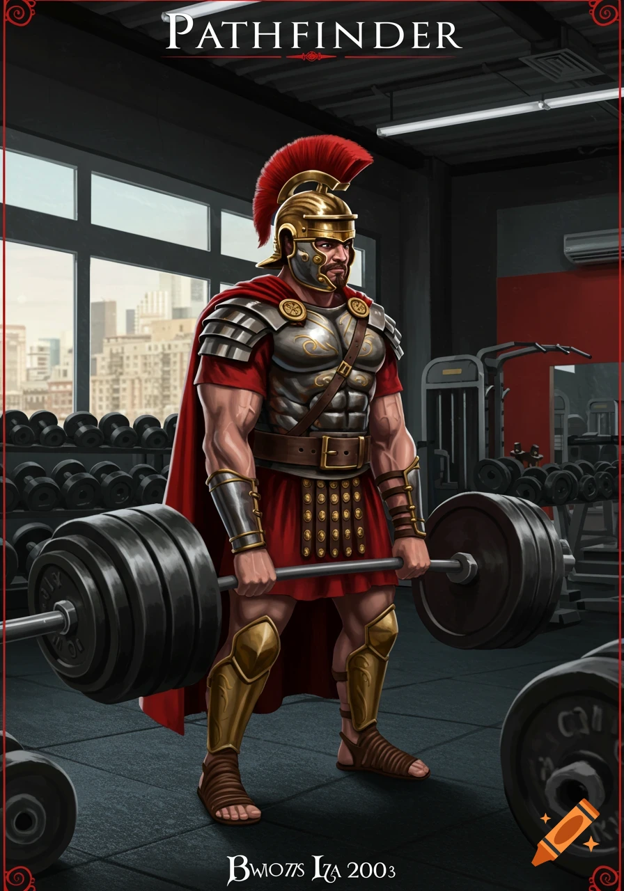 An illustration of a Roman centurion in full armor deadlifting a heavy barbell in a modern gym.