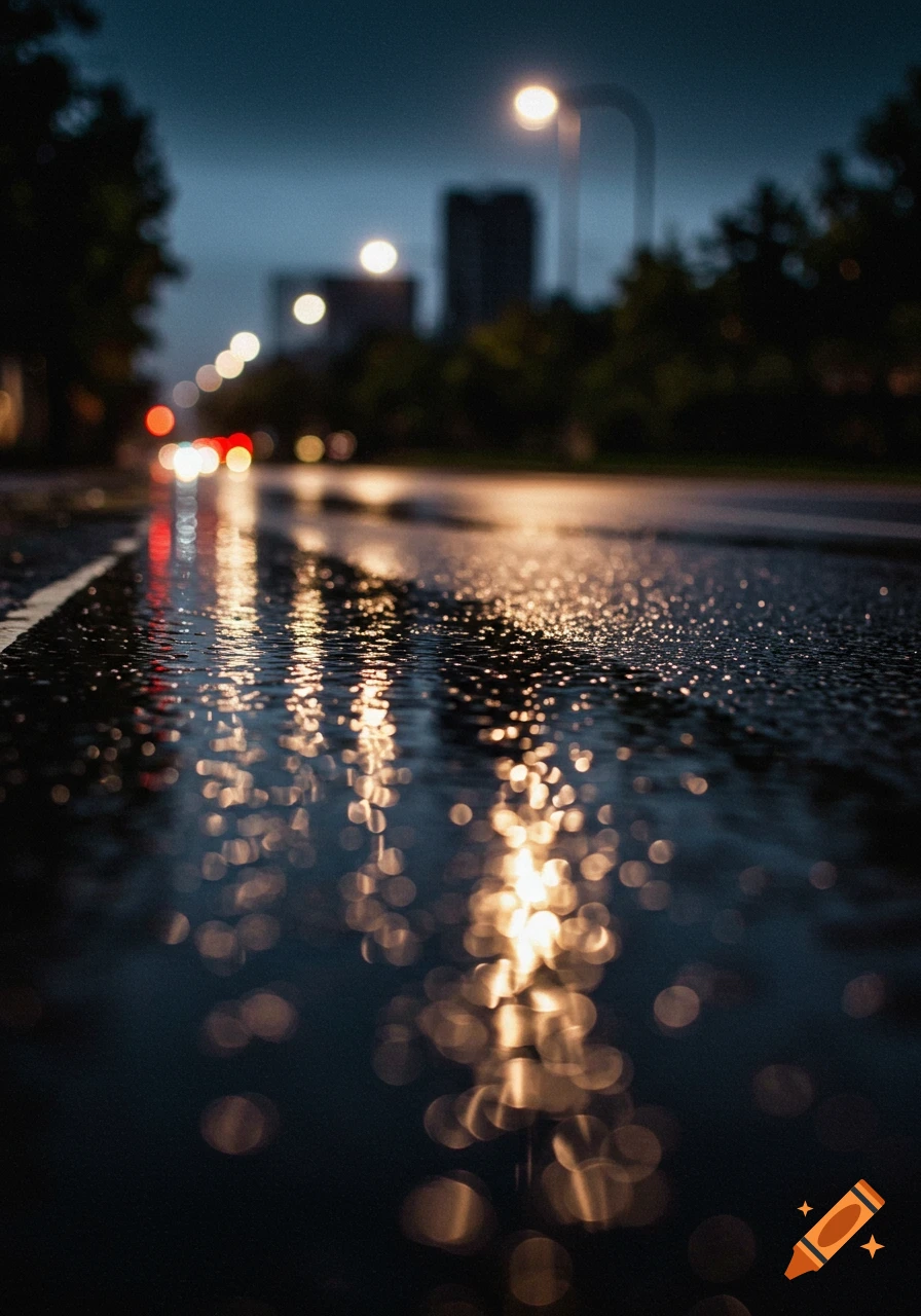 Reflections of streetlights and car lights on a wet road at night.