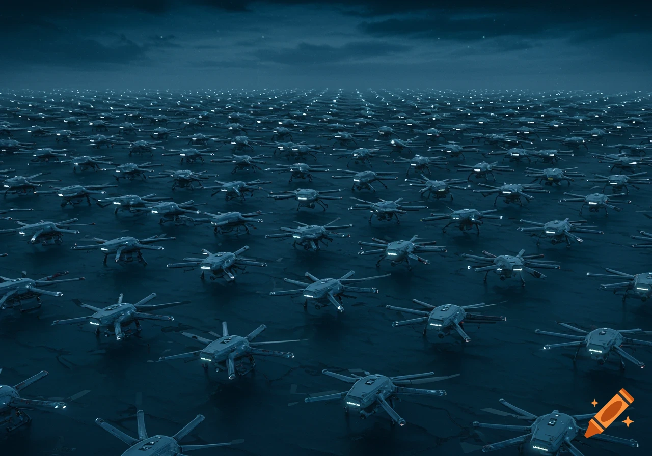 Many futuristic drones stand on a surface under a dark, cloudy sky.